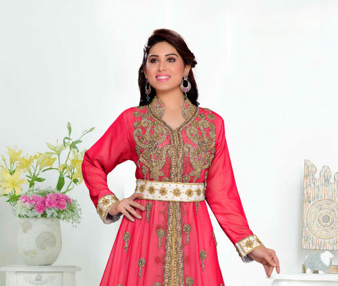 Red color luxurious Handmade Moroccan Kaftan with hijjab