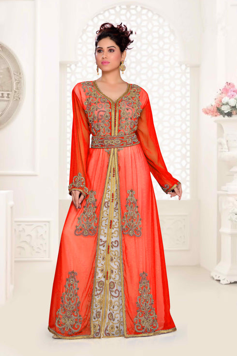 Red & White color luxurious Handmade Moroccan Kaftan with hijjab