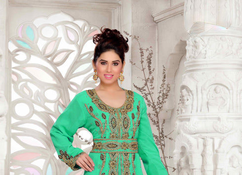 Sea-Green color luxurious Full Sleeves Handmade Moroccan Kaftan with hijjab