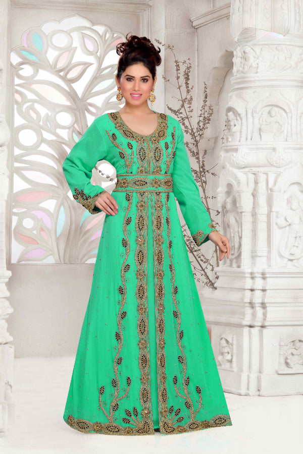 Sea-Green color luxurious Full Sleeves Handmade Moroccan Kaftan with hijjab