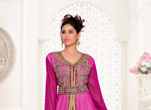 Wine & White color luxurious Handmade Moroccan Kaftan with hijjab
