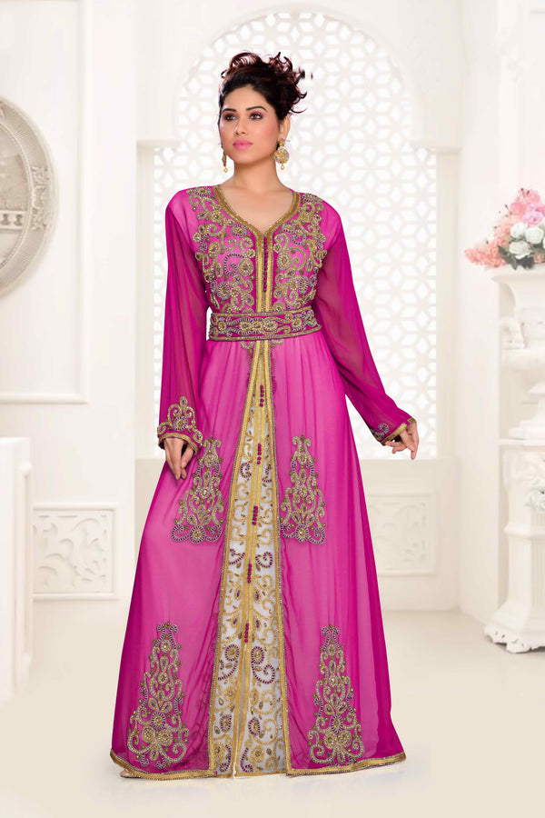 Wine & White color luxurious Handmade Moroccan Kaftan with hijjab