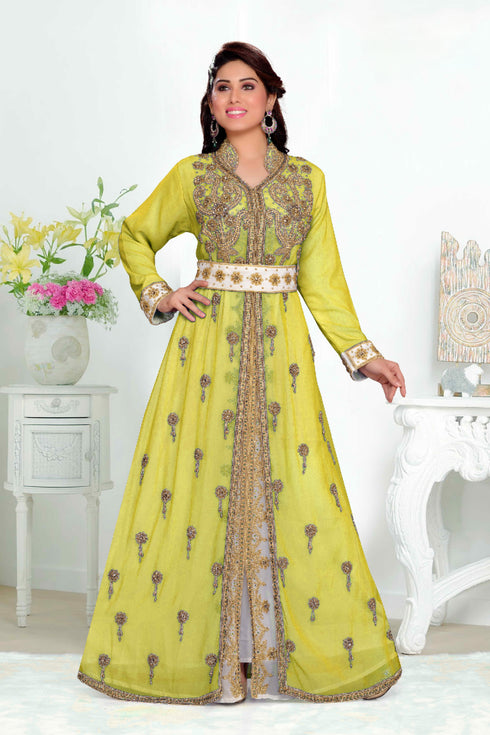 Yellow color luxurious Handmade Moroccan Kaftan with hijjab