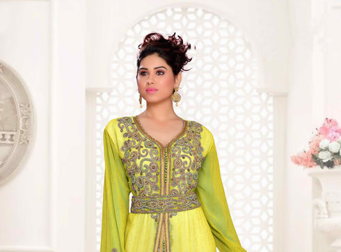 Yellow & White color luxurious Handmade Moroccan Kaftan with hijjab