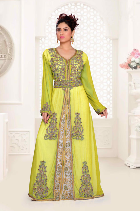 Yellow & White color luxurious Handmade Moroccan Kaftan with hijjab