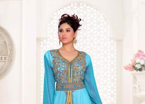 Cyan & White color luxurious Handmade Moroccan Kaftan with hijjab