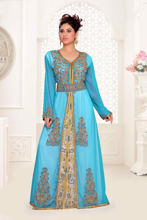 Cyan & White color luxurious Handmade Moroccan Kaftan with hijjab