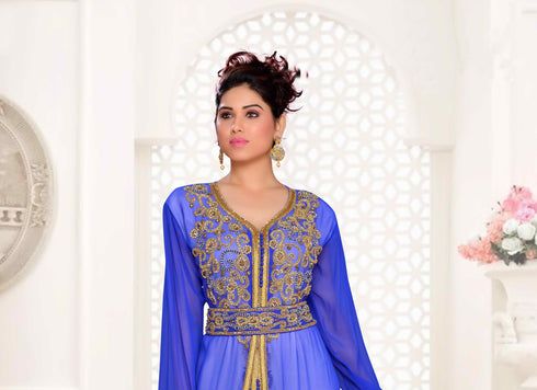 Royal-Blue & White color luxurious Handmade Moroccan Kaftan with hijjab