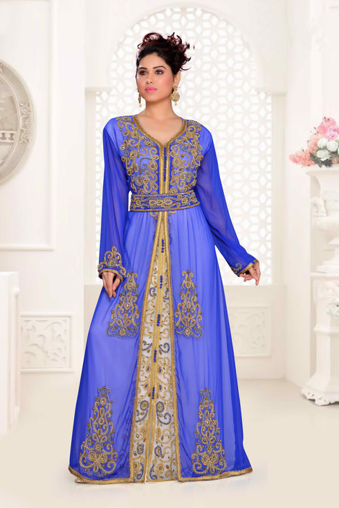 Royal-Blue & White color luxurious Handmade Moroccan Kaftan with hijjab