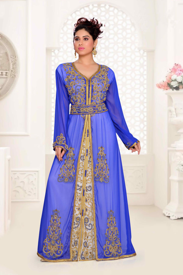 Royal-Blue & White color luxurious Handmade Moroccan Kaftan with hijjab