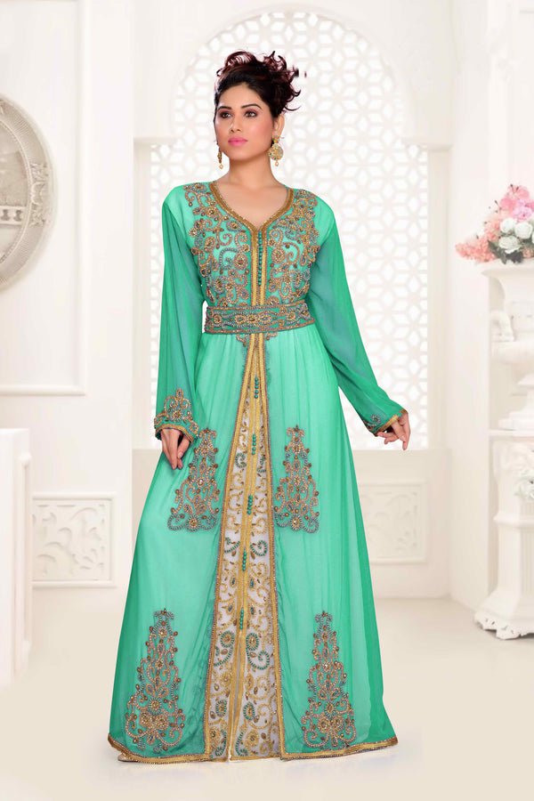 Sea-Green & White color luxurious Handmade Moroccan Kaftan with hijjab