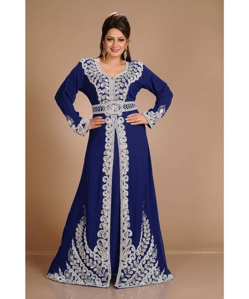 Navy-Blue color luxurious full sleeves Handmade Moroccan Kaftan with Sun-proof hijab.