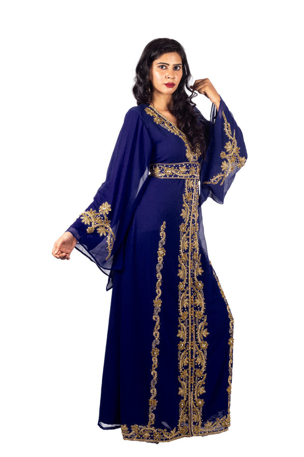 Navy Blue Copper beads luxurious Moroccan Kaftan With Sun-proof hijab.