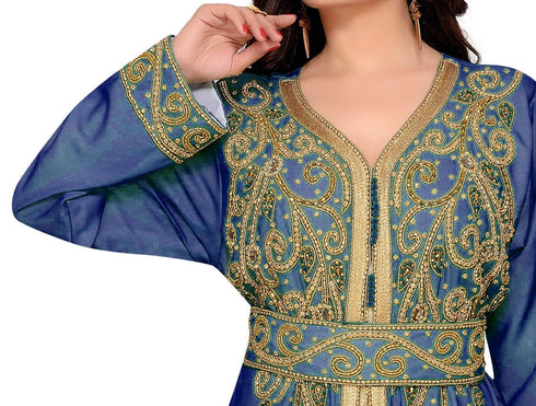 Navy-Blue & White color luxurious Full Sleeves Handmade Moroccan Kaftan .