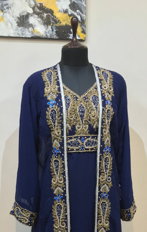Navy Blue color luxurious Full Sleeves Handmade Two Piece Jacket Style Moroccan Kaftan.