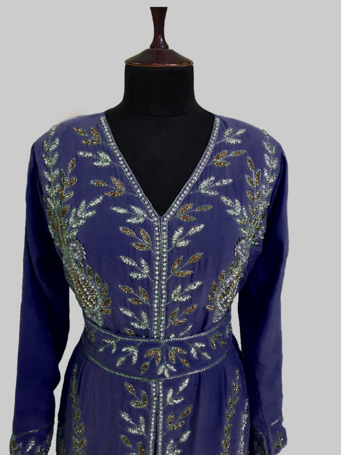 Navy Blue color luxurious Full Sleeves Handmade Moroccan Kaftan.