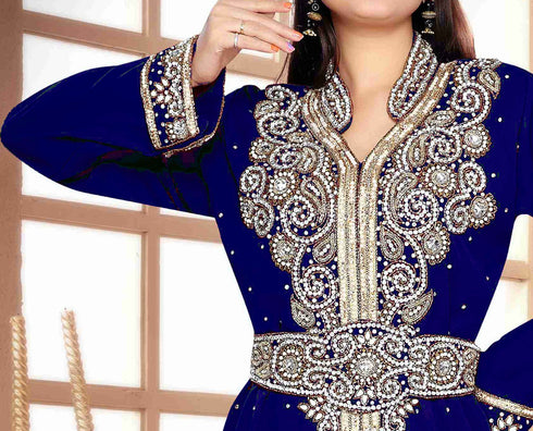 Navy-Blue color luxurious Handmade Moroccan Kaftan with hijjab