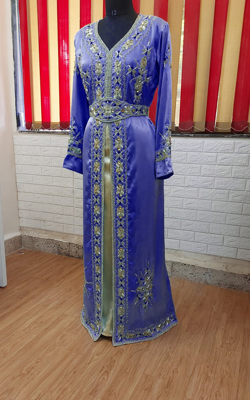 Navy Blue inner light gold color luxurious Full Sleeves Handmade Moroccan Kaftan.