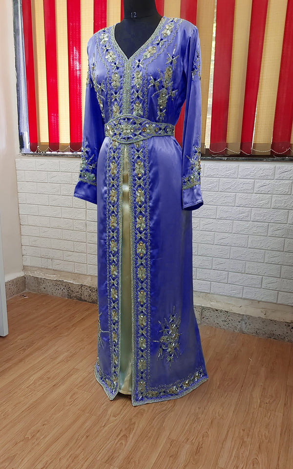 Navy Blue inner light gold color luxurious Full Sleeves Handmade Moroccan Kaftan.