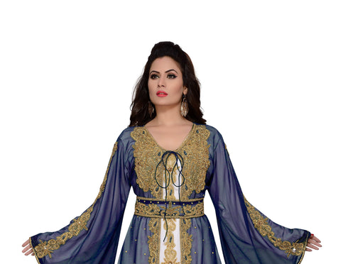Navy-Blue & white color luxurious Handmade Moroccan Kaftan with hijab
