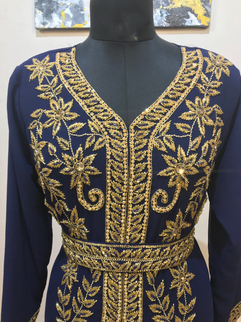 Navy-Blue color luxurious Full Sleeves Handmade Moroccan Kaftan .
