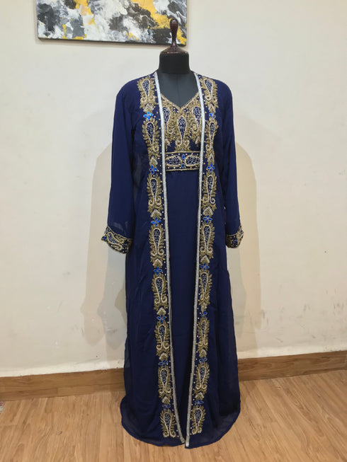 Navy Blue color luxurious Full Sleeves Handmade Two Piece Jacket Style Moroccan Kaftan.