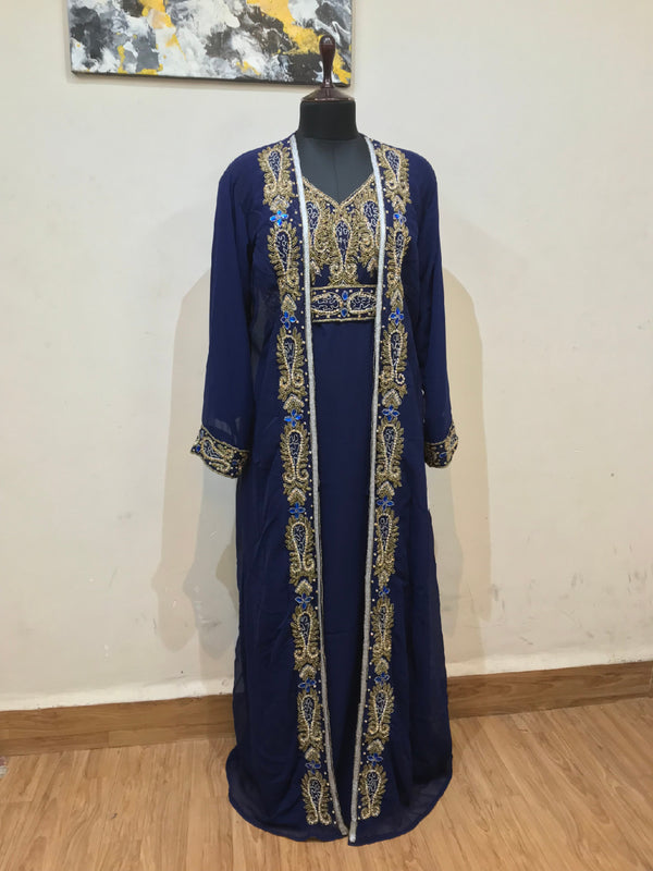 Navy Blue color luxurious Full Sleeves Handmade Two Piece Jacket Style Moroccan Kaftan.