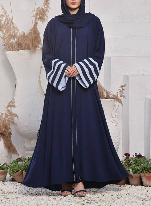 Front-Open Abaya in Firdaus Fabric with Multi-Layered Contrast Sleeves, Full Zipper, Pockets, and Matching Hijab