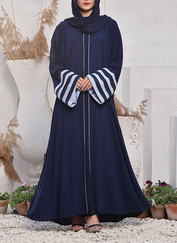 Front-Open Abaya in Firdaus Fabric with Multi-Layered Contrast Sleeves, Full Zipper, Pockets, and Matching Hijab