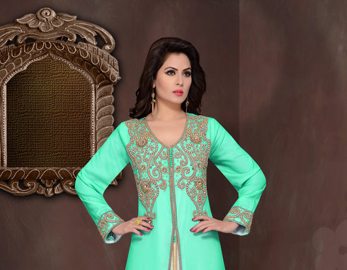 Sea-Green embroidered georgette Islamic kaftans with hijab