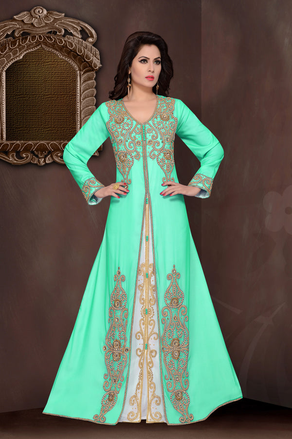 Sea-Green embroidered georgette Islamic kaftans with hijab