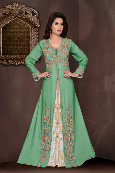 Dark Green embroidered georgette Islamic kaftans with hijab