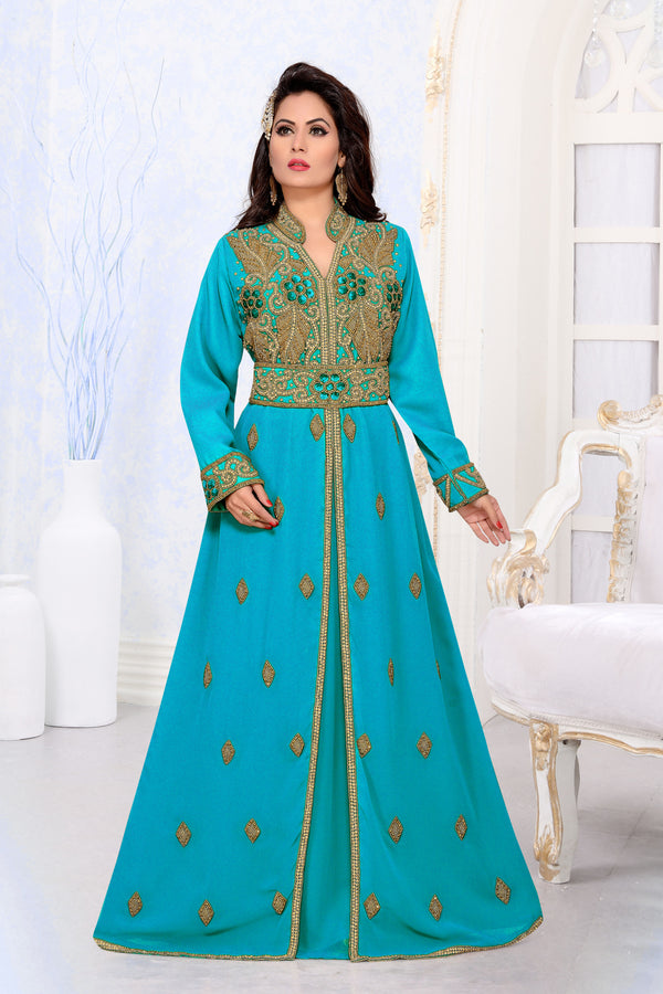 Cyan color luxurious Handmade Moroccan Kaftan with hijjab