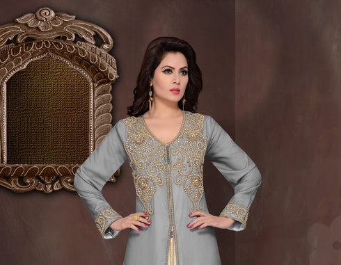 Grey embroidered georgette Islamic kaftans with hijab