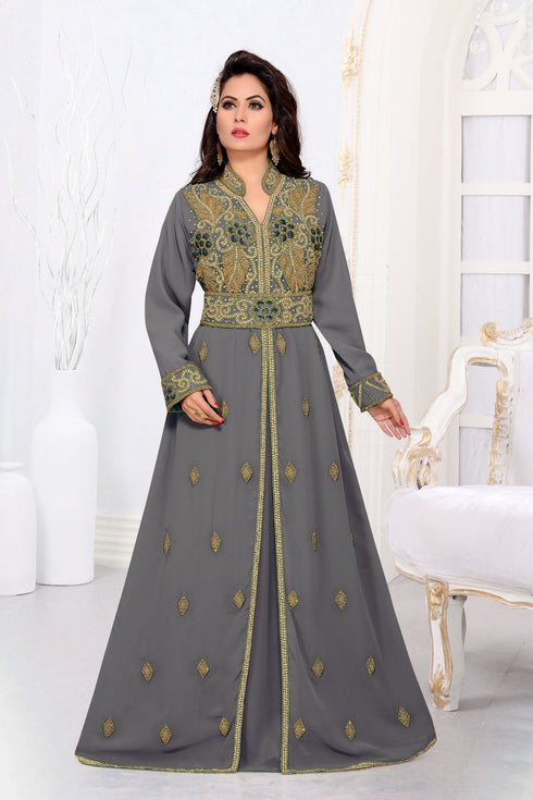Grey color luxurious Handmade Moroccan Kaftan with hijjab
