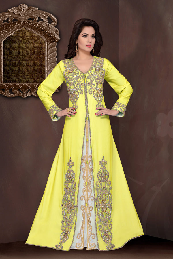Yellow embroidered georgette islamic kaftans with hijab