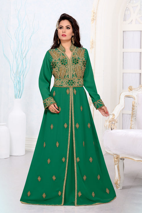 Dark-Green color luxurious Handmade Moroccan Kaftan with hijjab