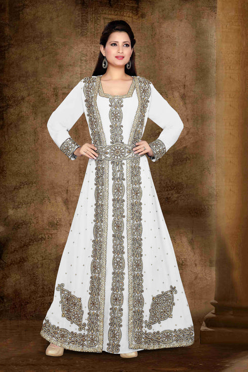 Off-White color luxurious Full Sleeves Handmade Moroccan Kaftan with hijab