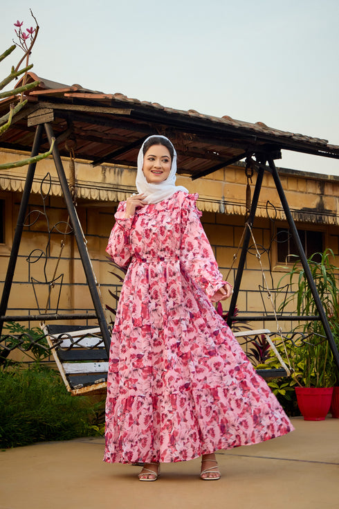 Peach FANCY GEORGETTE PRINTED ABAYA