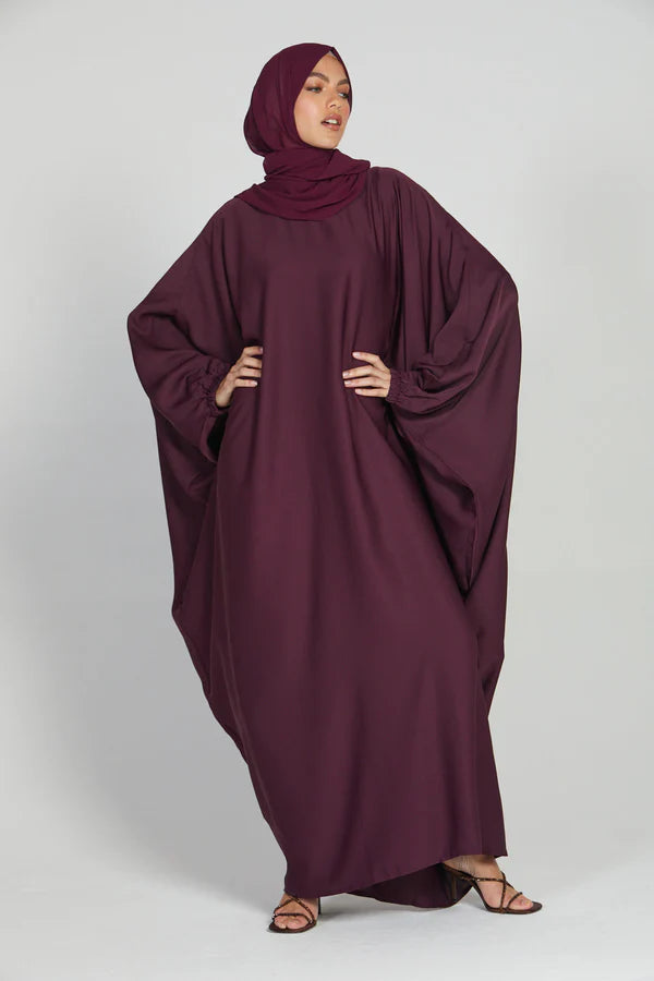 Classic Baggy Abaya Wine Red with elastic Sleeves, Hijab Firdous