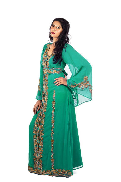 Opulent Emerald Green Kaftan Gown with Gold Zari & Crystal Work | Luxury Event Dress