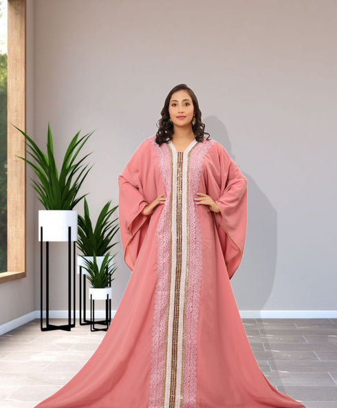 Sale!! Royal Pink Abaya Evening Moroccan Dubai Unique Kaftan Long Gown
