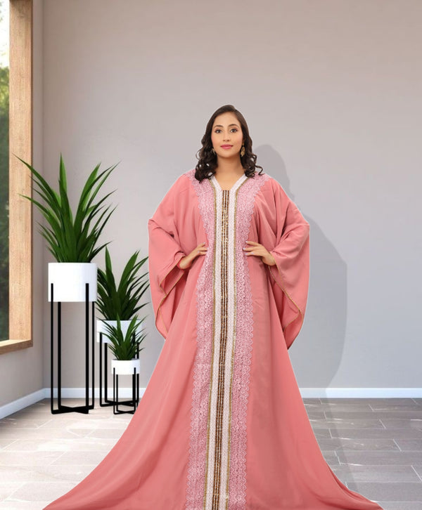 Sale!! Royal Pink Abaya Evening Moroccan Dubai Unique Kaftan Long Gown