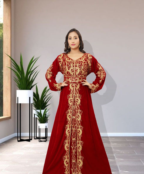 Royal Velvet Moroccan Dubai Kaftan Ari Embroidery Work Party Wear Wedding Women Dress