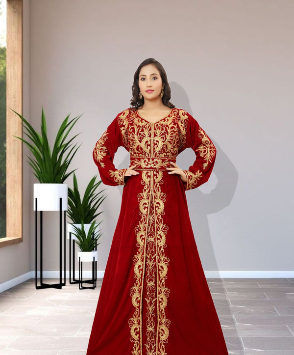 Royal Velvet Moroccan Dubai Kaftan Ari Embroidery Work Party Wear Wedding Women Dress