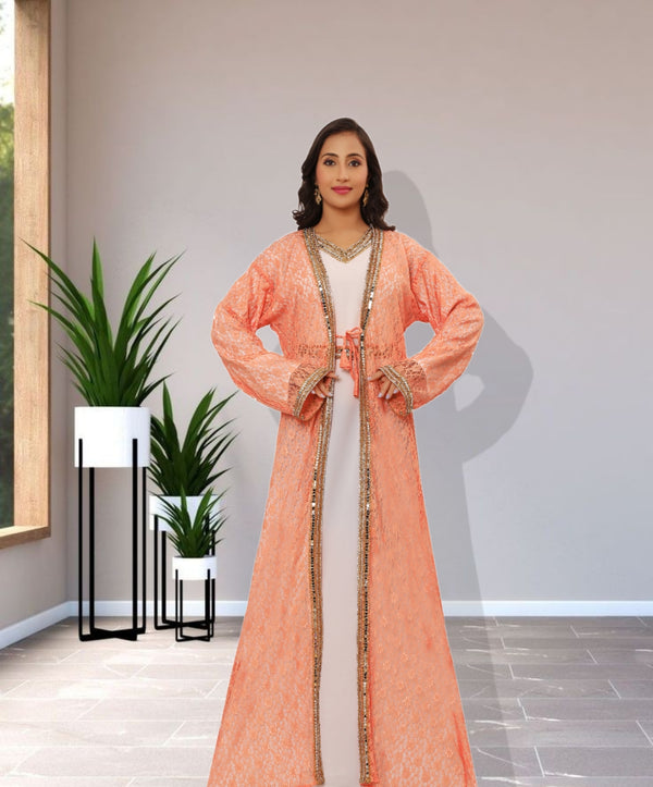 Peach and White Net Sequins Work Kaftan