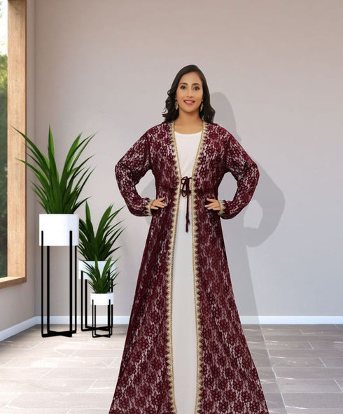 SALE Maroon Net Designer Fashion Kaftan Wedding Dress Islamic Wear Clothing Abaya Very Long Gown