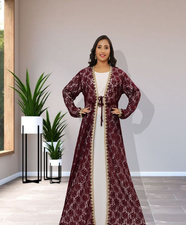SALE Maroon Net Designer Fashion Kaftan Wedding Dress Islamic Wear Clothing Abaya Very Long Gown