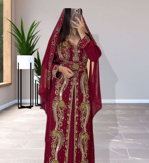 Luxurious Maroon Kaftan Gown with Gold Zari Work | Wedding & Formal Event Wear