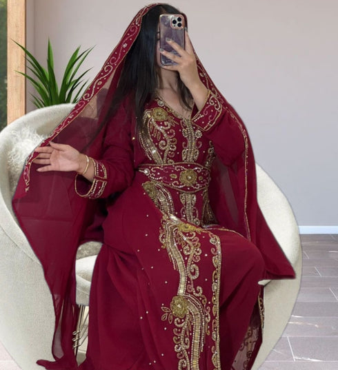Luxurious Maroon Kaftan Gown with Gold Zari Work | Wedding & Formal Event Wear